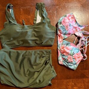 Maternity Swimsuits Olive Green with extra Floral Bikini top Medium
